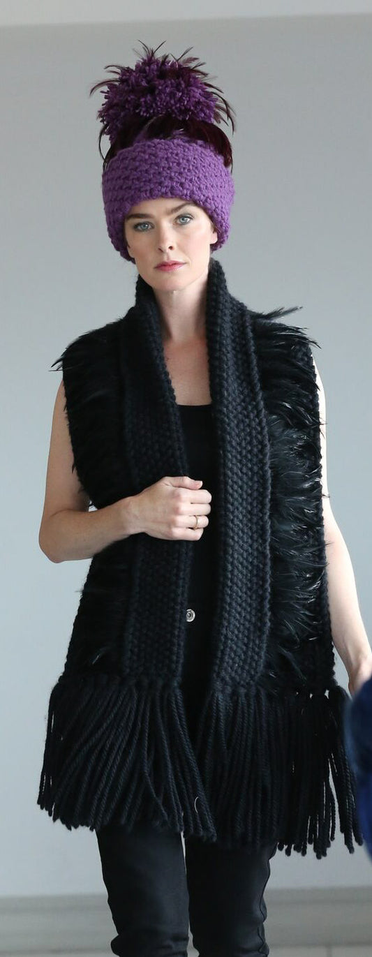 Black Luxury Alpaca/Merino Button Scarf with Feather Trim image 1
