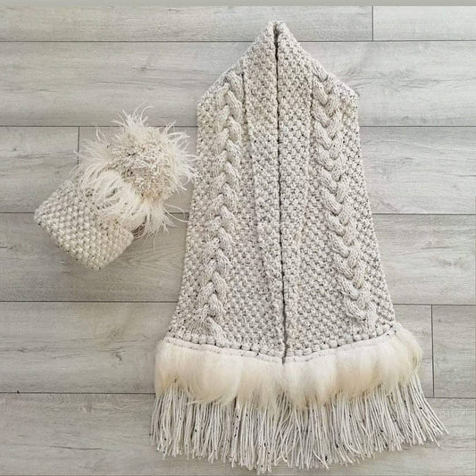 Cream Fleck Scarf - Aran Wool Blend with Feather Trim image 1
