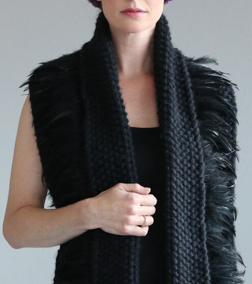 Black Luxury Alpaca/Merino Button Scarf with Feather Trim  image 3