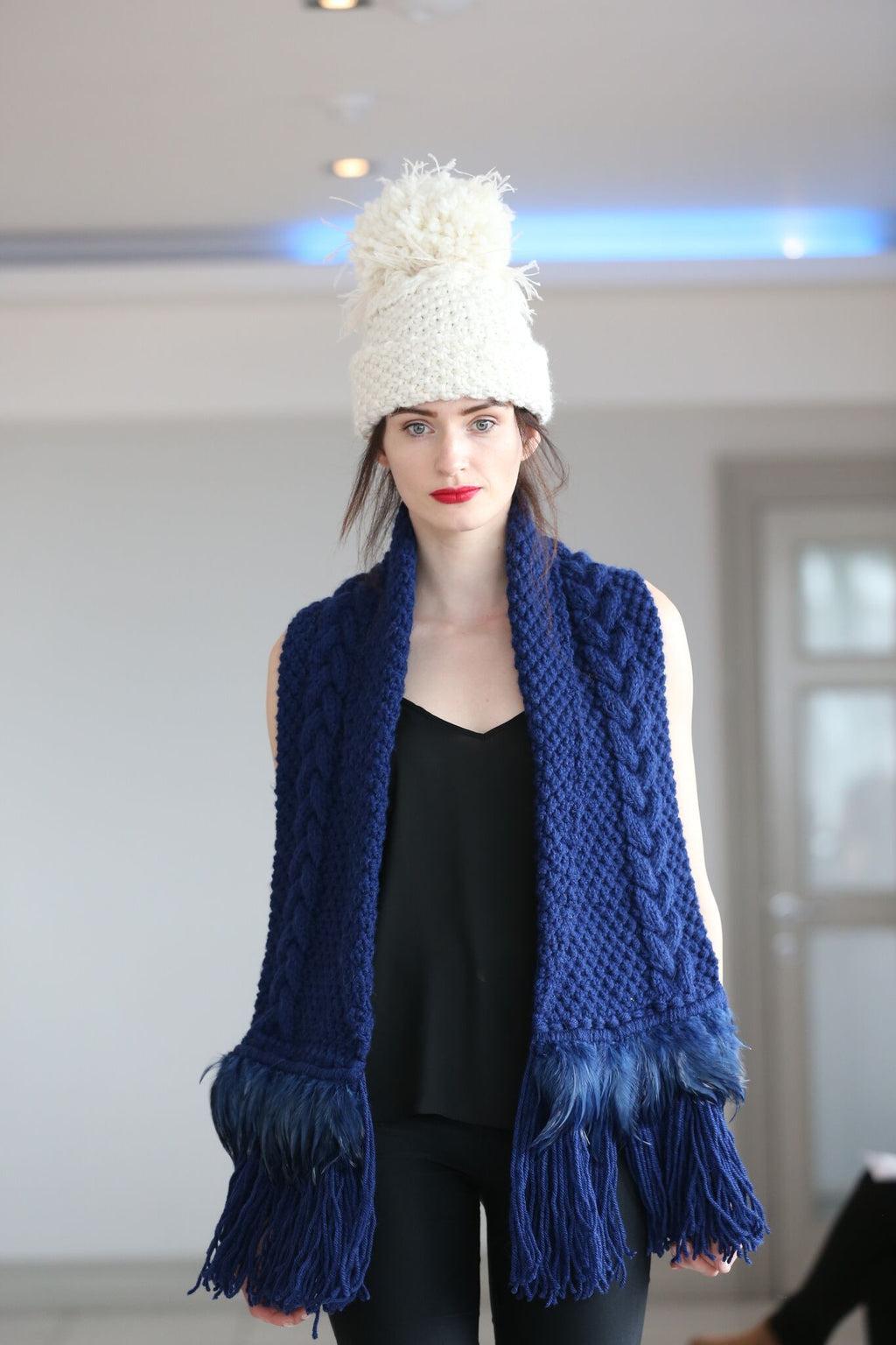 Navy Scarf with Feather Trim image 3
