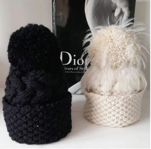 Black and white textured knitted beanie hats Davina Lynch Millinery
