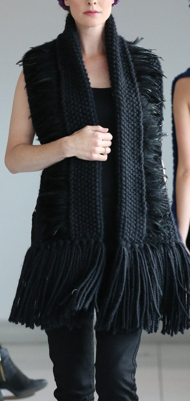 Black Luxury Alpaca/Merino Button Scarf with Feather Trim  image 2
