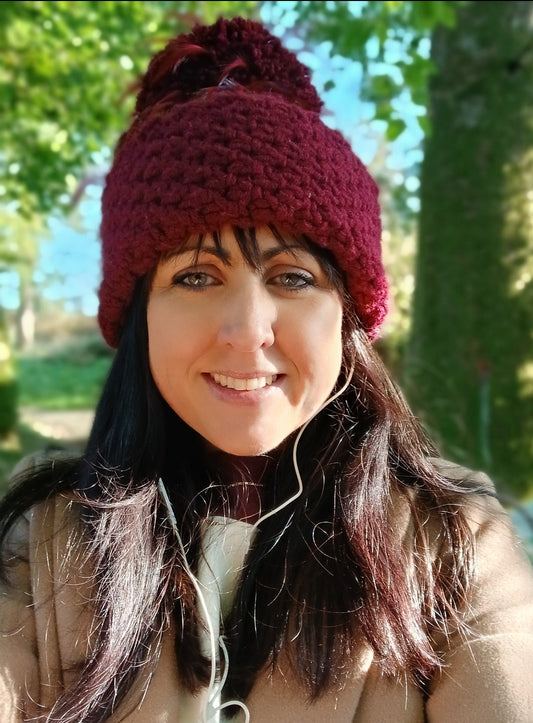 Burgundy Aran LynchMob Beanie Hat with Feather Trim