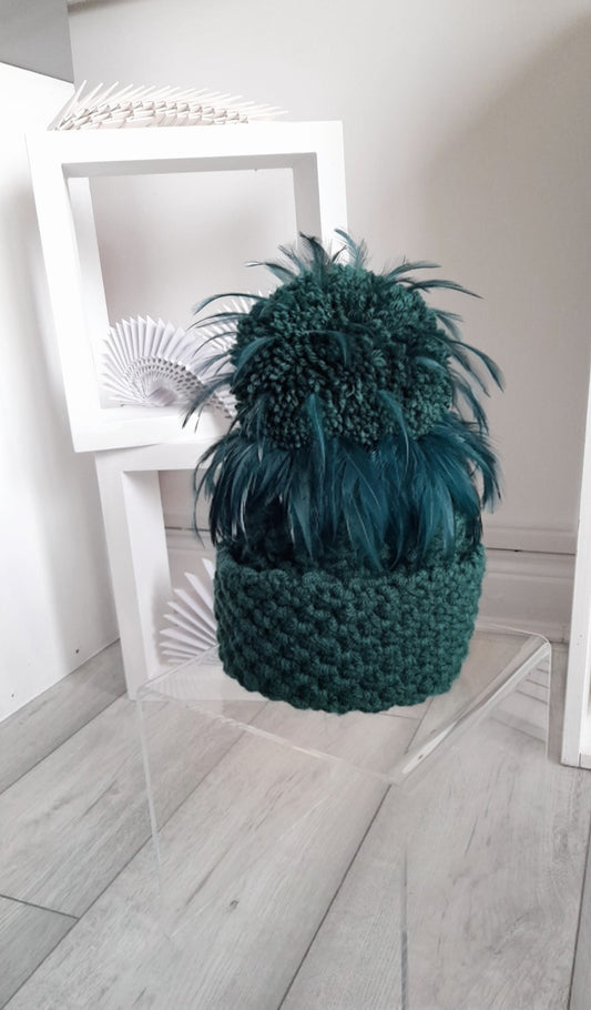 Forest Green Aran LynchMob Beanie Hat with Feather Trim