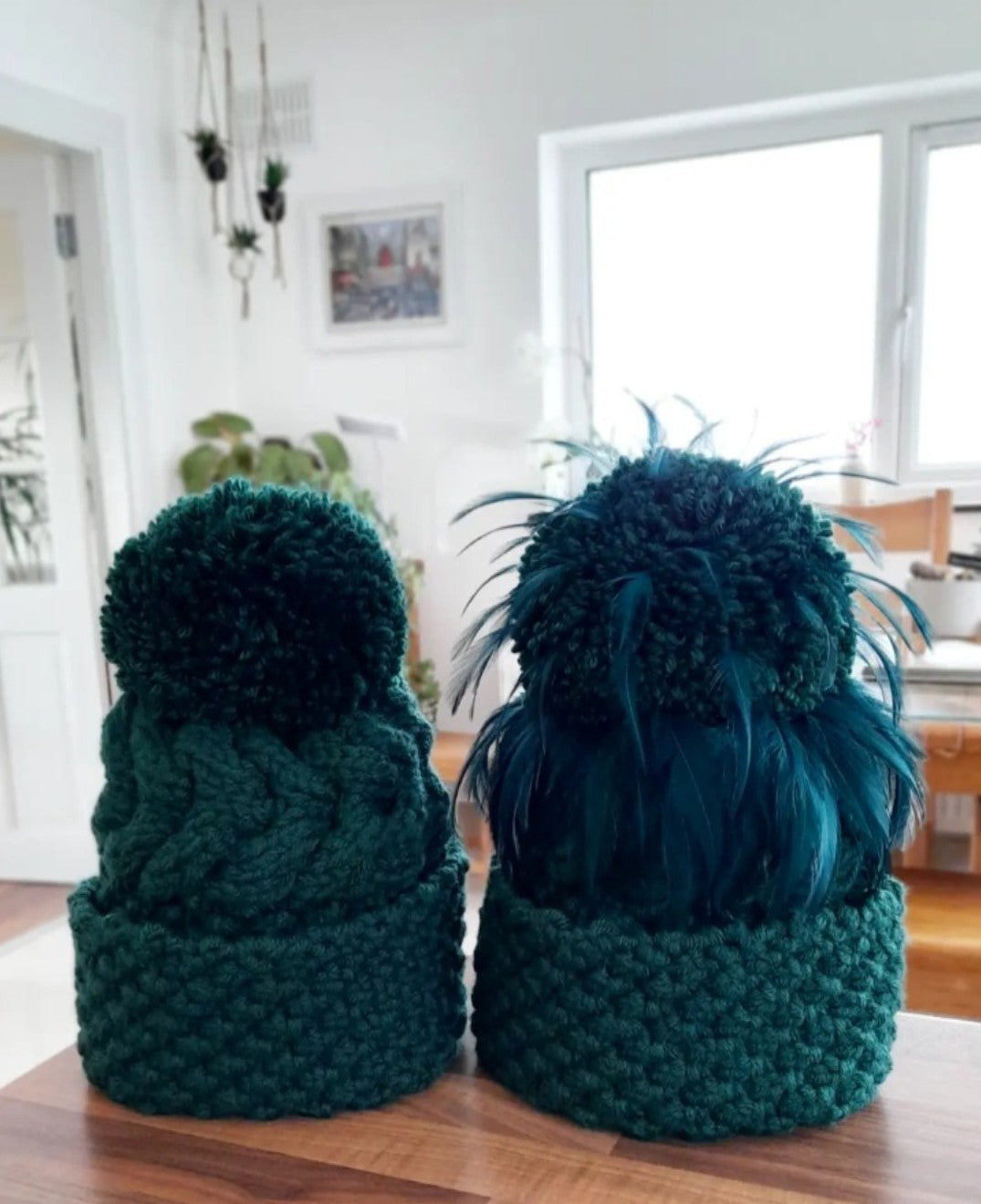 Forest Green Aran LynchMob Beanie Hat with Feather Trim