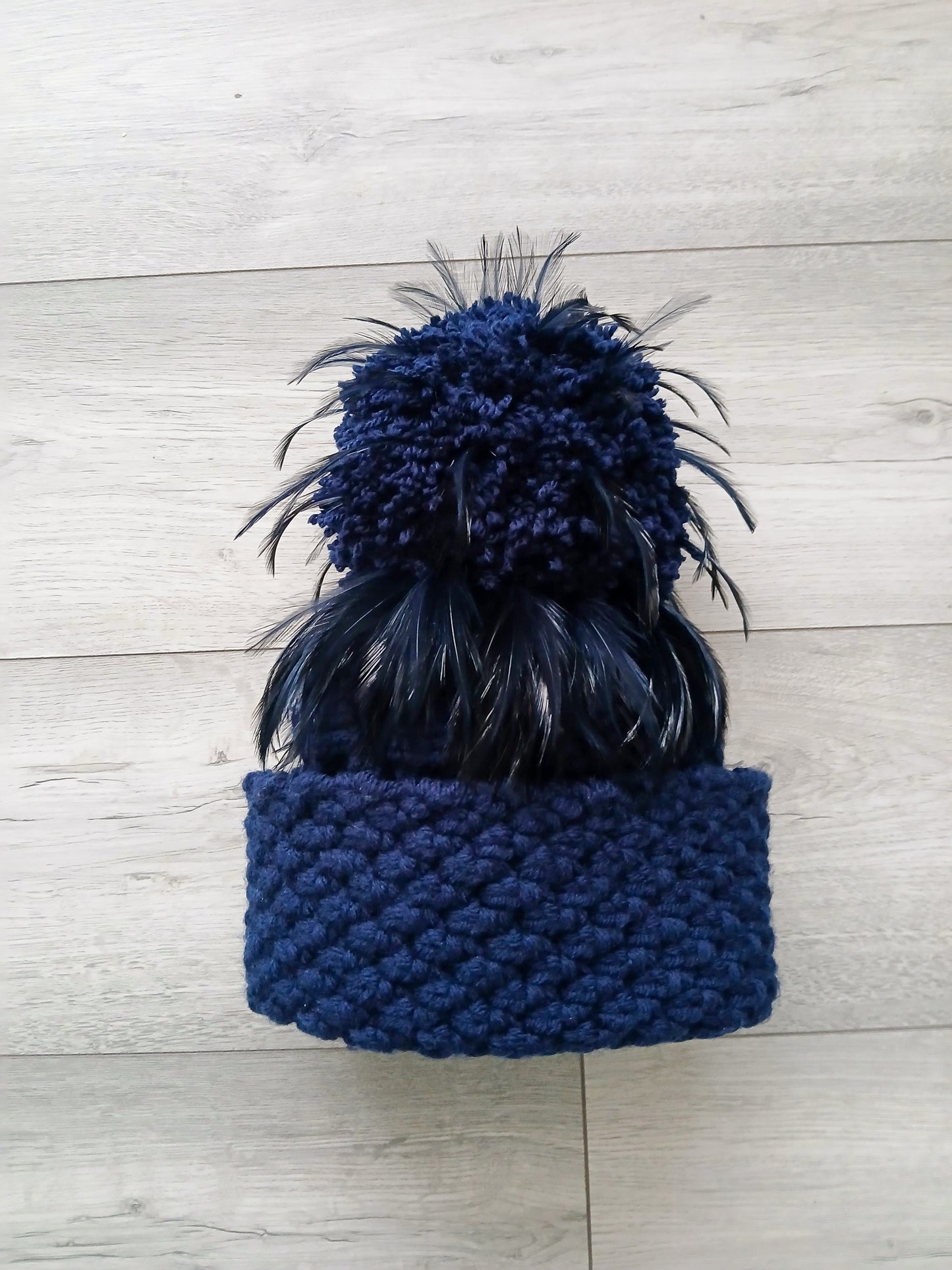 Special Edition French Navy Aran LynchMob Beanie Hat with Feather Trim