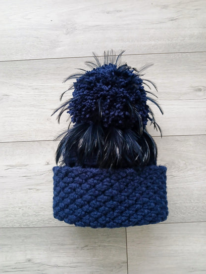 Special Edition French Navy Aran LynchMob Beanie Hat with Feather Trim