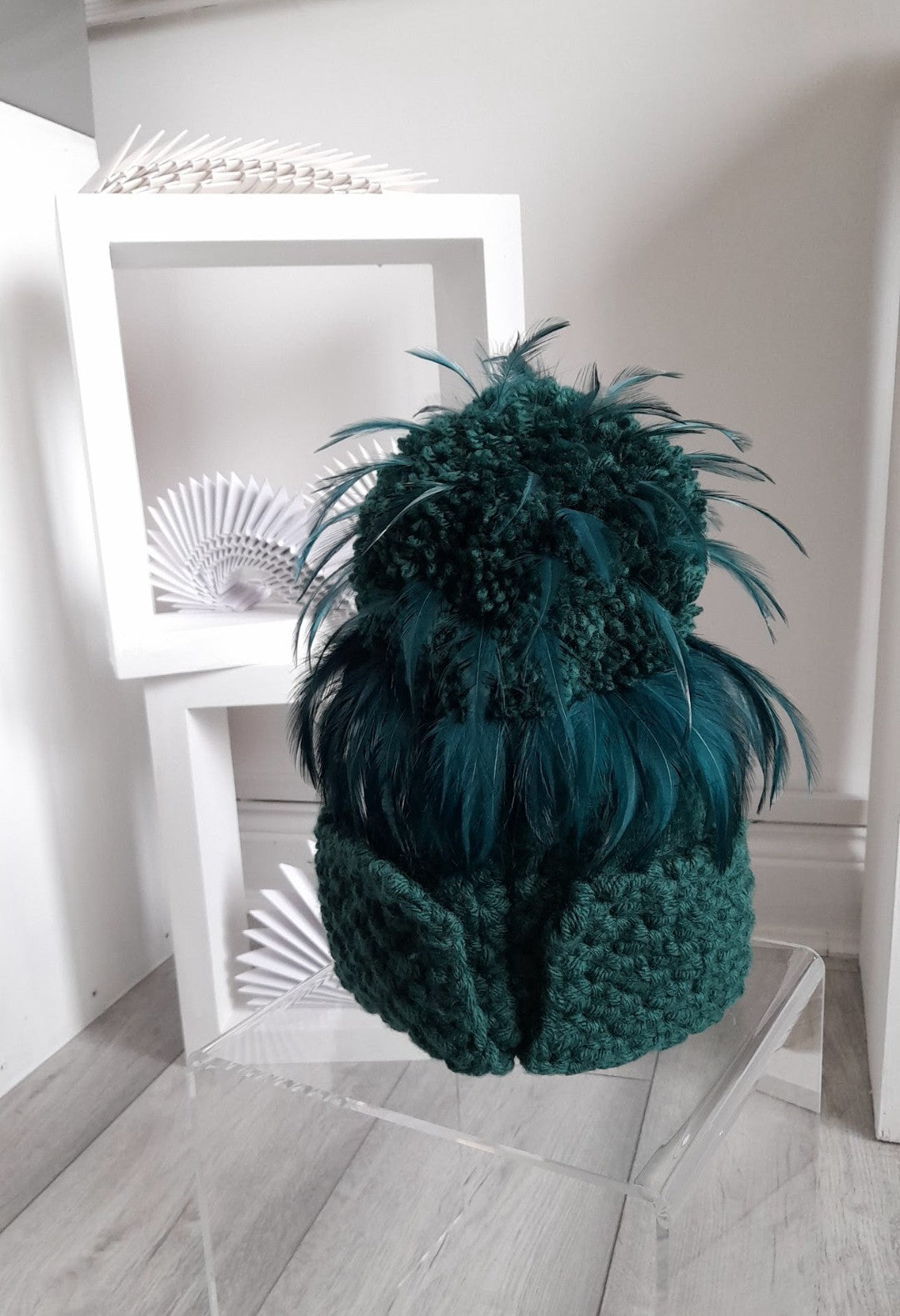 Forest Green Aran LynchMob Beanie Hat with Feather Trim