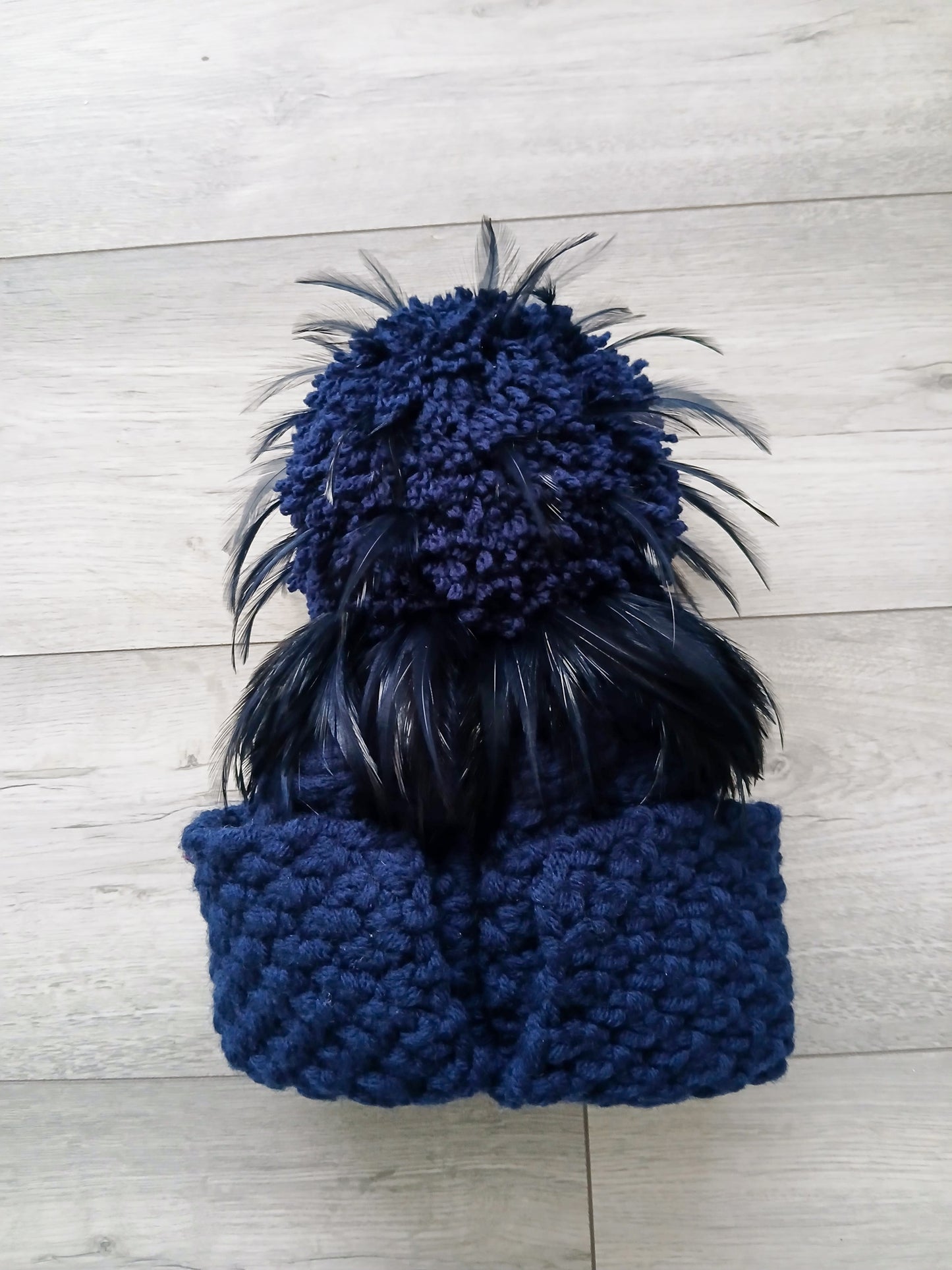 Special Edition French Navy Aran LynchMob Beanie Hat with Feather Trim
