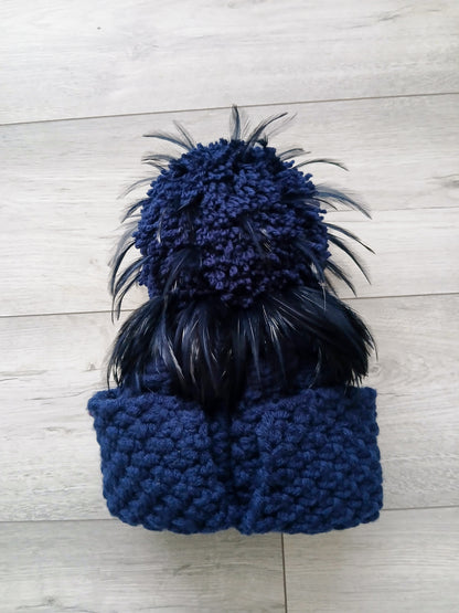 Special Edition French Navy Aran LynchMob Beanie Hat with Feather Trim